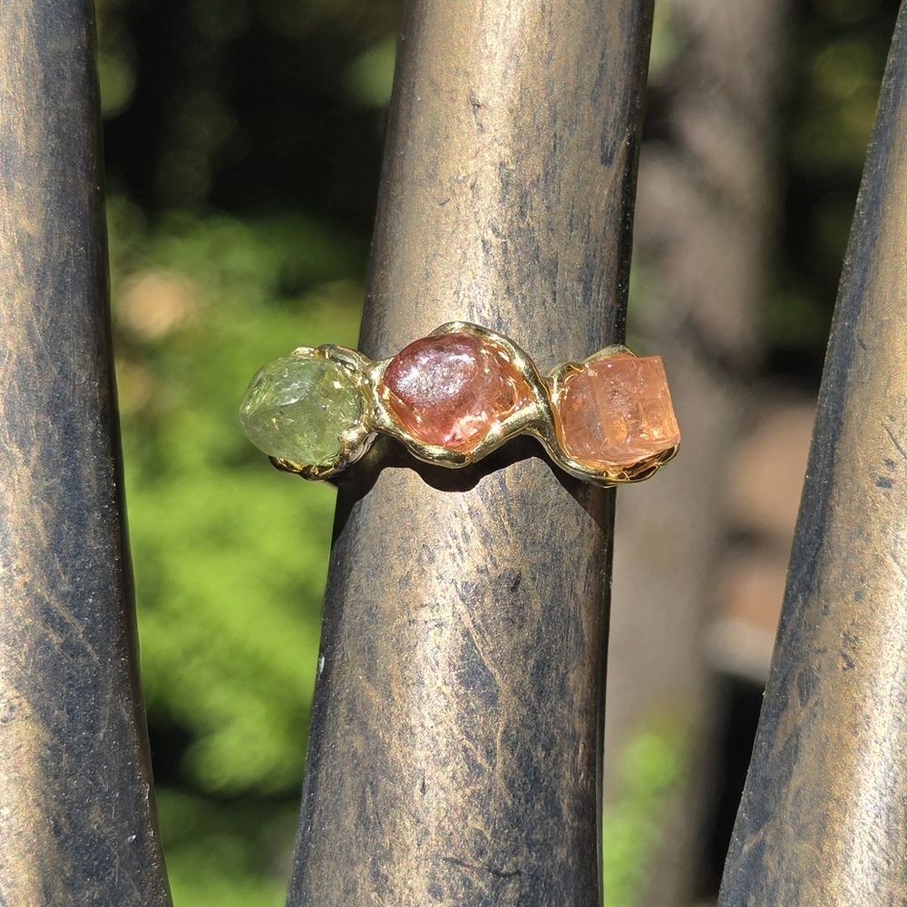 Tourmaline Natural Tri-color Gemstone Sterling & Gold Ring Sz7 - Picture 2 of 8